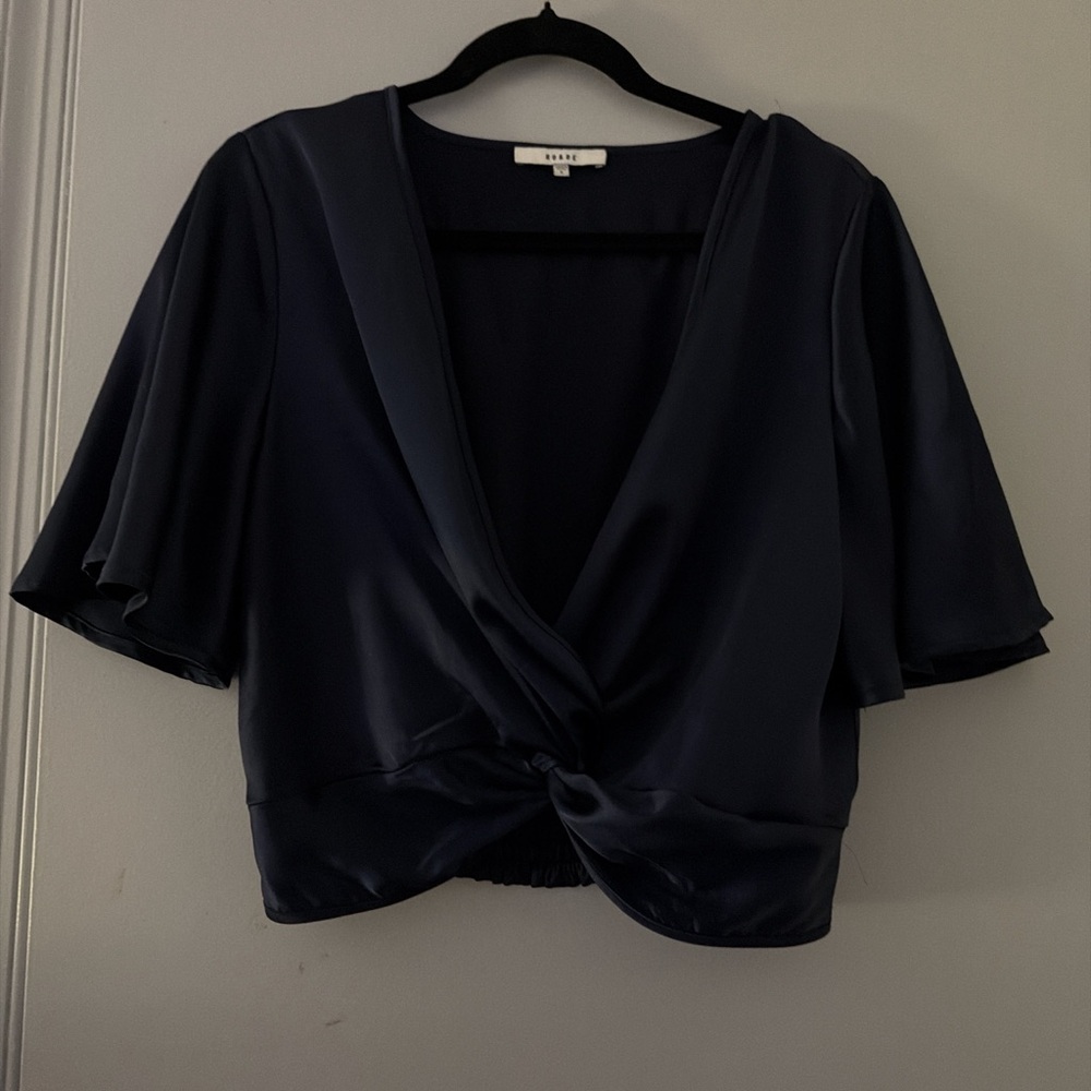 Ro & De Navy Satin Twist-Front Blouse